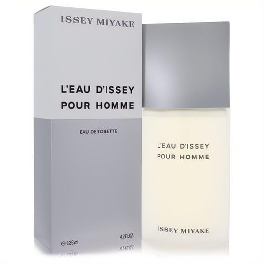 Issey Miyake L'Eau D'Issey Pour Homme 4.2 oz EDT. Elegant frosted bottle with silver cap and sleek grey packaging.