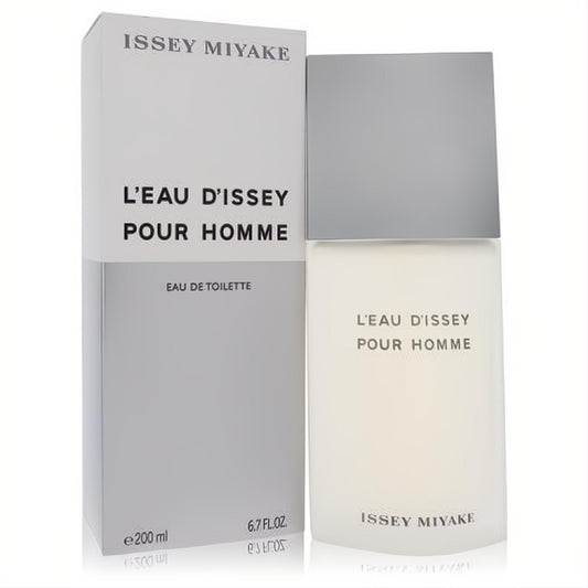 Elevate your scent with Issey Miyake L'Eau D'Issey Pour Homme 6.7 FL.OZ. EDT. Frosted white glass bottle, silver cap, and sleek box.