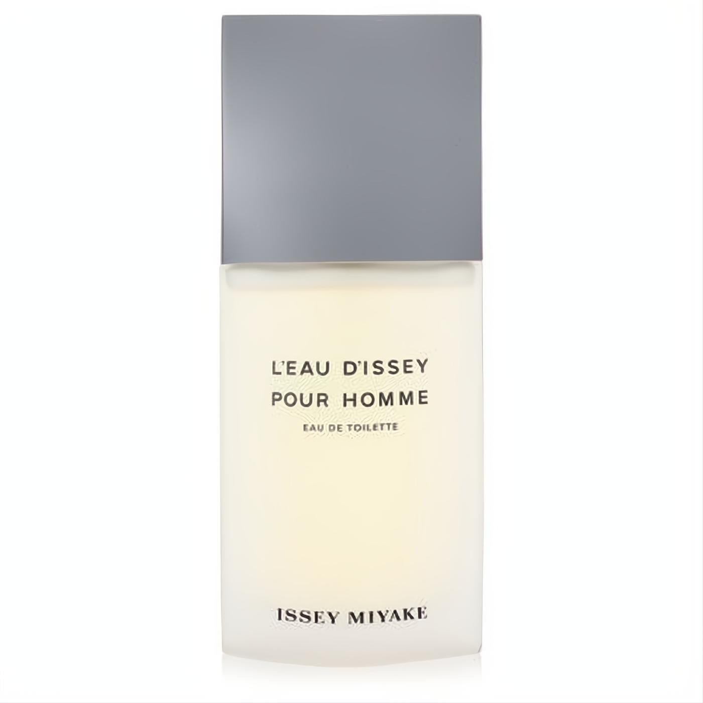 Issey Miyake L'Eau D'Issey Pour Homme Eau De Toilette. Modern frosted glass bottle with a sleek gray cap for men.