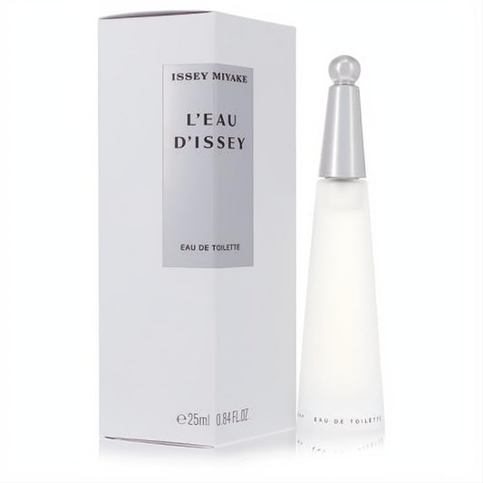 Issey Miyake L'Eau D'Issey 25ml Eau de Toilette. Iconic frosted white bottle with sleek silver cap, presented with its elegant white box.