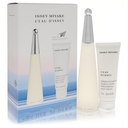 Issey Miyake L'Eau D'Issey women's gift set: a sleek 3.3 oz EDT spray and 2.6 oz body cream in elegant white bottles, with the branded box.
