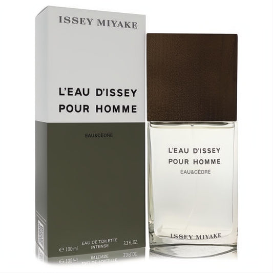 Experience L'Eau D'issey Eau & Cedre 3.3 oz EDT Intense. Features a sleek clear glass bottle, dark brown cap, and modern grey-olive box.