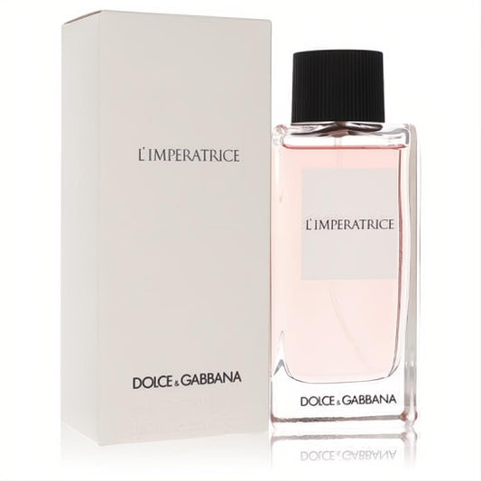 Dolce & Gabbana L'Imperatrice 3 women's EDT. Clear glass bottle with light pink liquid, black cap, white box.