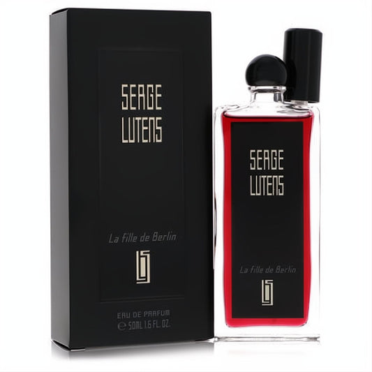 Serge Lutens La Fille De Berlin 1.6 oz unisex EDP. Bold red fragrance in a clear glass bottle with black cap, with elegant black box.