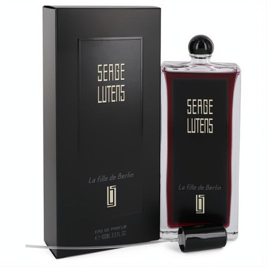 Luxurious Serge Lutens La Fille De Berlin 3.3 oz unisex Eau De Parfum. Dark red liquid in a sleek black & gold labeled glass bottle with matching gift box.