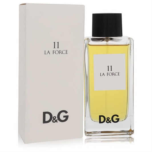 Sophisticated D&G 11 La Force 3.3 oz EDT. Clear rectangular bottle with black cap and crisp white branded box.