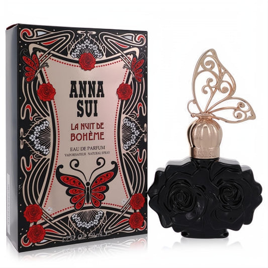 Elegant Anna Sui La Nuit De Bohème 1.7 oz EDP. Black rose bottle, gold butterfly cap, and ornate black/gold/red box.