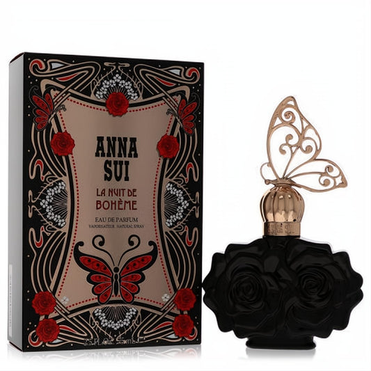 Captivating Anna Sui La Nuit De Bohème black rose perfume bottle with a golden butterfly cap, beside its ornate black & gold box.