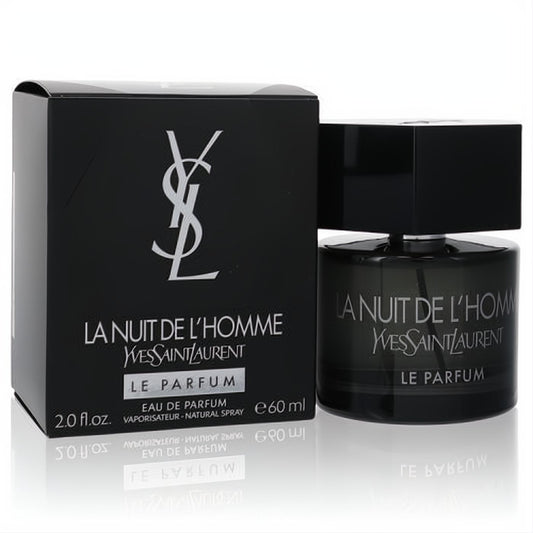 Yves Saint Laurent La Nuit De L'Homme Le Parfum 2 oz spray. Elegant dark glass bottle, sleek black box with silver YSL logo.