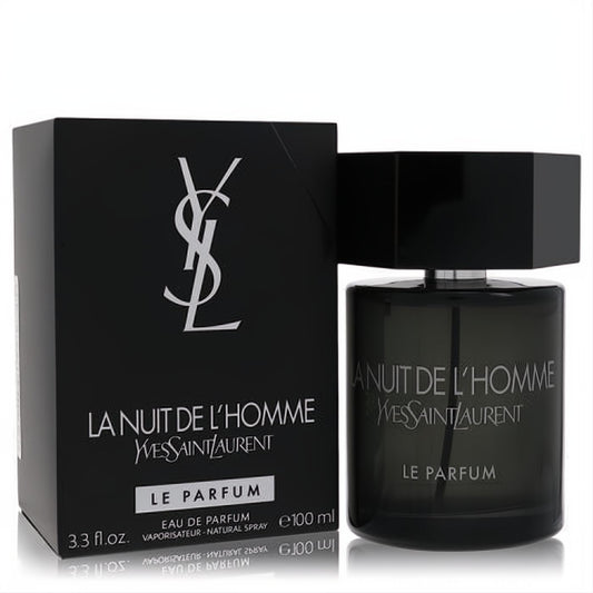YSL La Nuit De L'Homme Le Parfum 3.3 oz. Dark glass bottle, bold black cap, and elegant black box with silver YSL logo.