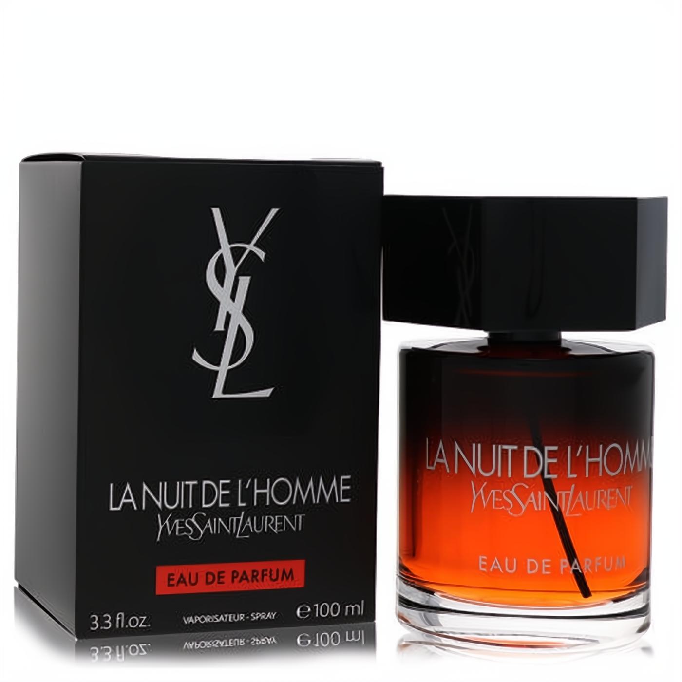 Luxurious La Nuit De L'Homme by YSL 3.3 oz Eau De Parfum. Amber bottle, sleek black cap, and elegant matte black box.