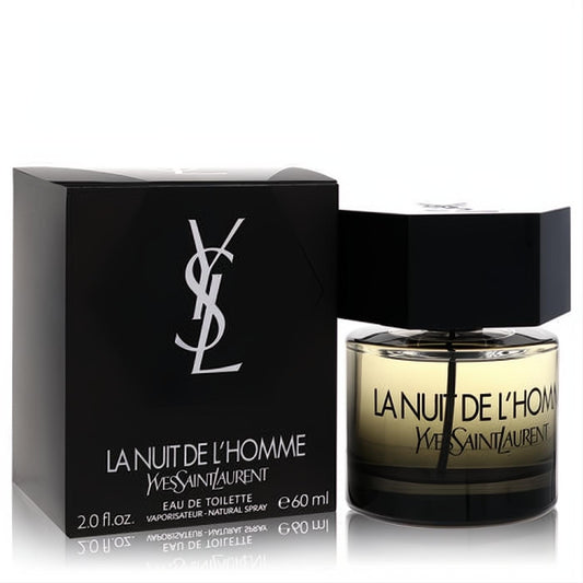Luxurious YSL La Nuit De L'Homme 2 oz EDT spray, featuring a smoky amber bottle, bold black cap, and matching elegant black box.