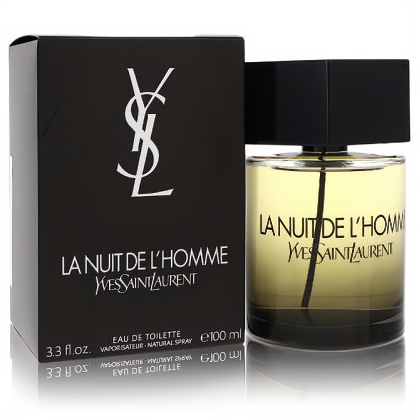 Yves Saint Laurent La Nuit De L'Homme 3.4 oz EDT. Elegant black box and sleek clear bottle with amber fragrance.