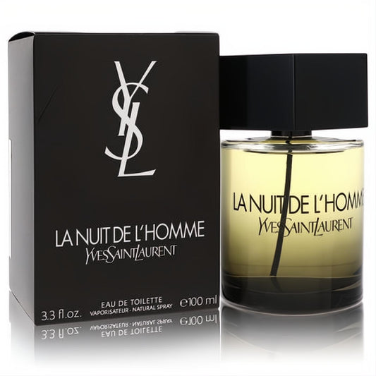 Yves Saint Laurent La Nuit De L'Homme 3.4 oz EDT. Elegant black box and sleek clear bottle with amber fragrance.