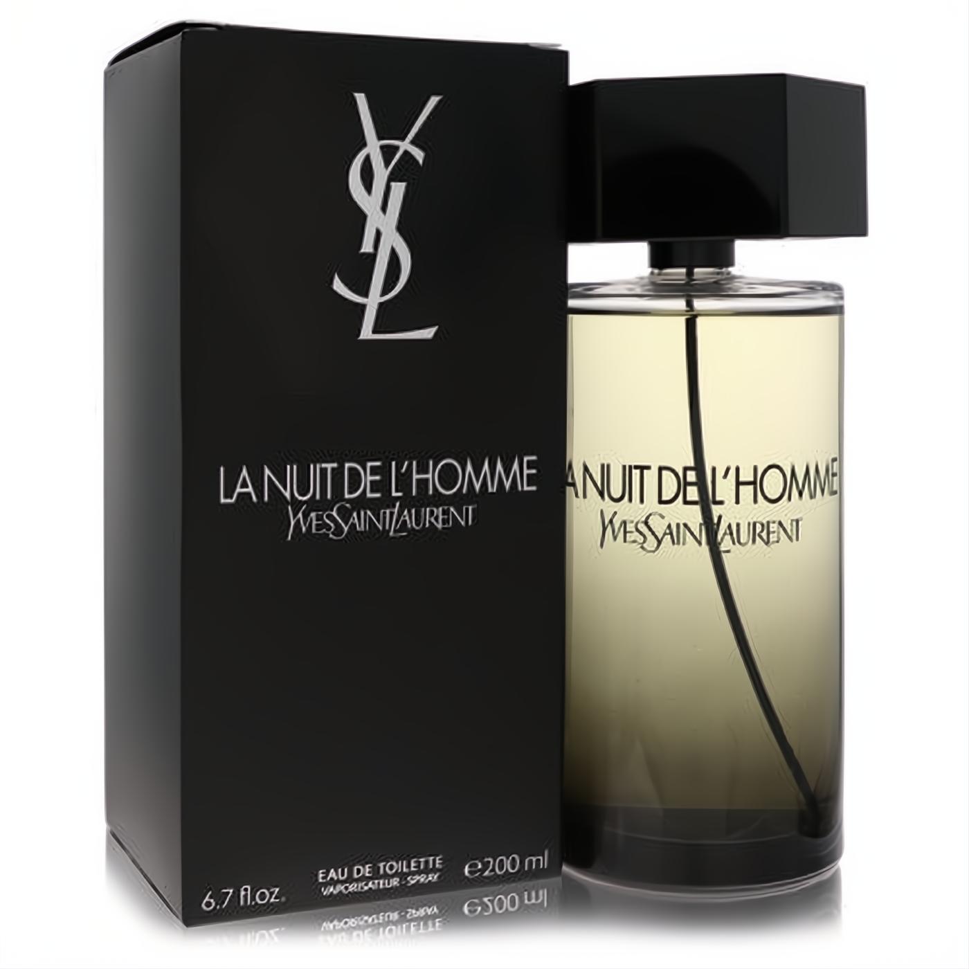 Captivating YSL La Nuit De L'Homme EDT 6.8 oz spray. Sleek black box, elegant amber glass bottle with dark gradient.