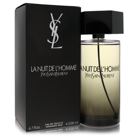 Captivating YSL La Nuit De L'Homme EDT 6.8 oz spray. Sleek black box, elegant amber glass bottle with dark gradient.