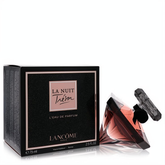 Luxurious Lancome La Nuit Tresor 2.5 oz women's L'eau De Parfum. Diamond-cut bottle, dark rose liquid, and chic black box.