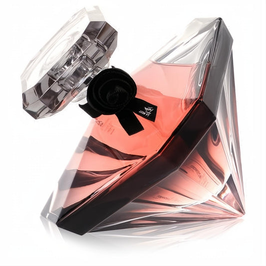 Luxurious Lancome La Nuit Tresor women's perfume in a dazzling rose diamond bottle with a chic black satin rose.
