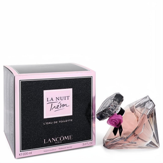 Captivating Lancome La Nuit Tresor 3.4 oz L'eau De Toilette. Luxurious diamond bottle with pink rose and elegant black & pink box.