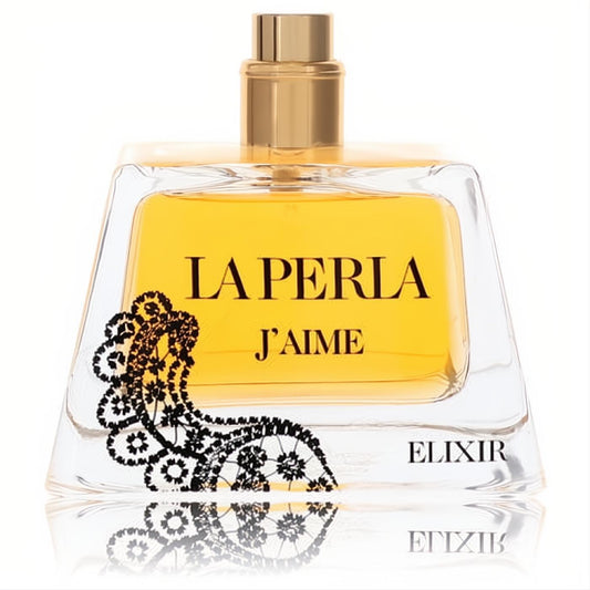Captivating La Perla J'aime Elixir women's EDP. Clear bottle, golden liquid, elegant gold cap, and alluring black lace design.