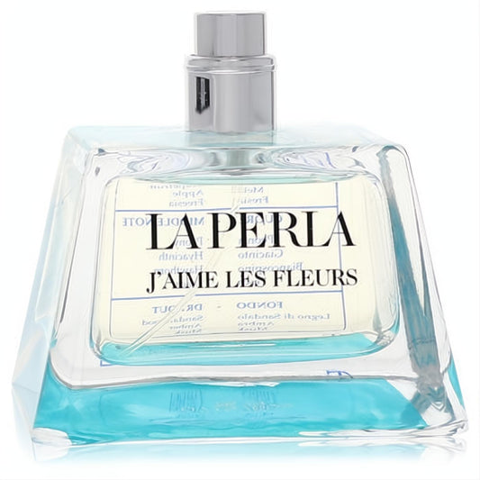 La Perla J'aime Les Fleurs 3.3 oz Eau De Toilette. Elegant clear glass bottle, sleek silver cap, refreshing aqua base.