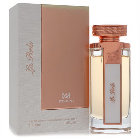 Essenza La Perle 3.4oz women's EDP. Clear glass bottle, amber liquid, luxurious rose gold cap & accents, elegant white box.
