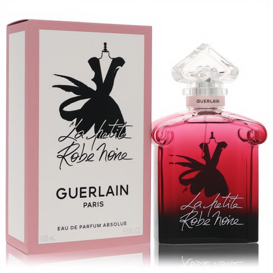 Guerlain La Petite Robe Noire Absolue 3.3 oz EDP. Elegant pink-to-black gradient bottle with faceted stopper and iconic dress silhouette.