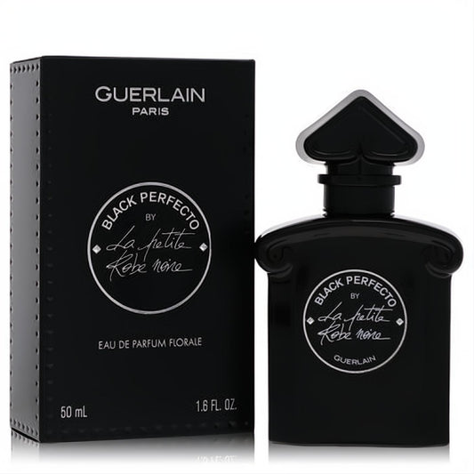 Guerlain Black Perfecto 1.6 oz Florale EDP. Sleek black bottle with iconic heart-shaped cap and elegant script.