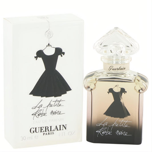 Elegant Guerlain La Petite Robe Noire 1 oz EDP spray. Clear glass bottle with black dress design, amber liquid, and white box.