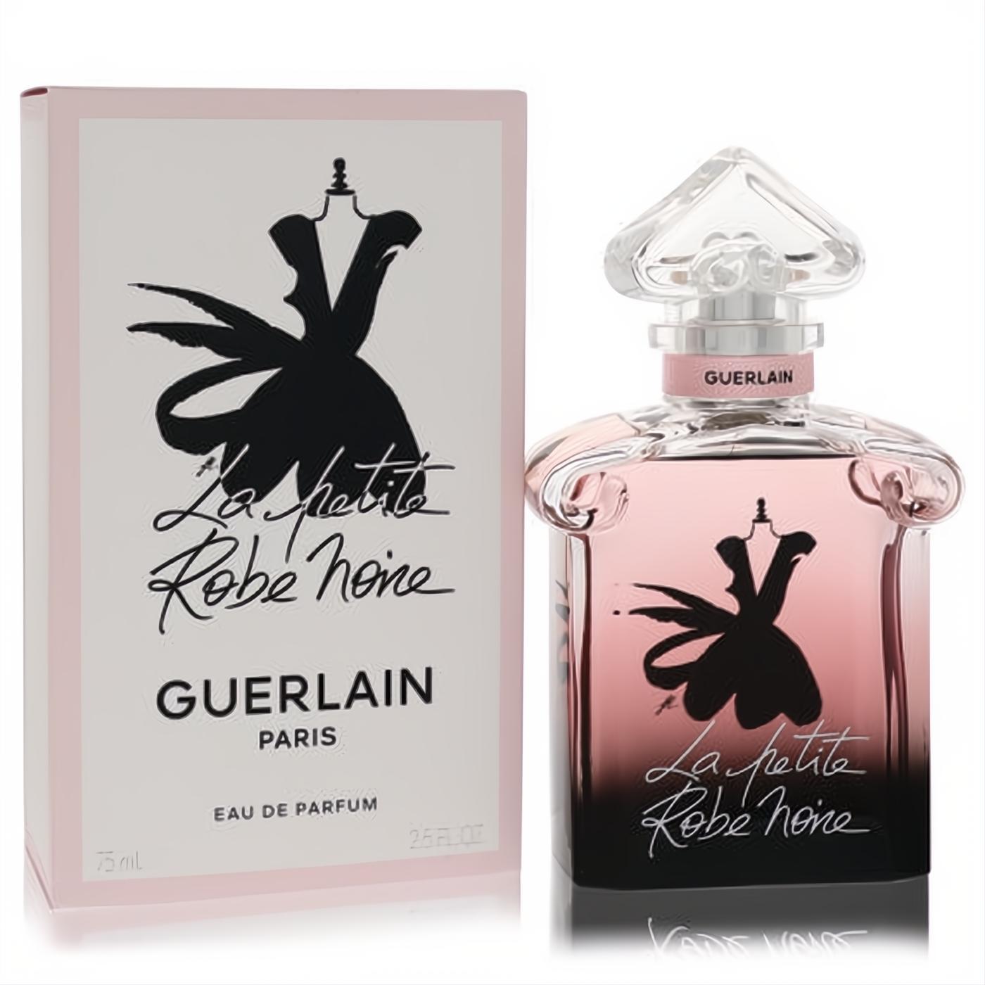 Captivating Guerlain La Petite Robe Noire 2.54 oz EDP bottle with pink-black gradient, elegant dress design, and faceted cap, next to its chic box.
