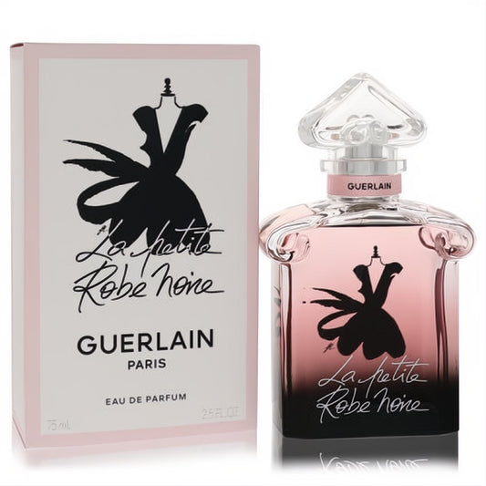 Captivating Guerlain La Petite Robe Noire 2.54 oz EDP bottle with pink-black gradient, elegant dress design, and faceted cap, next to its chic box.