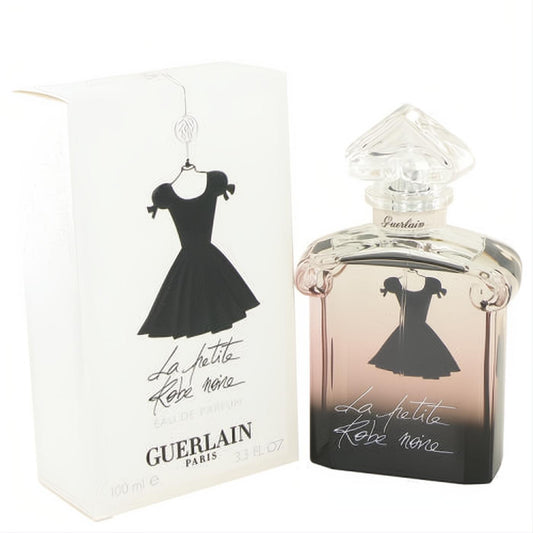 Guerlain La Petite Robe Noire 3.4 oz Eau De Parfum. Elegant clear bottle with pink-to-black liquid, iconic black dress design, and white box.