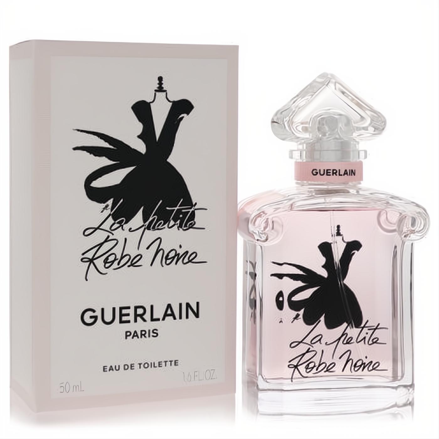 Guerlain La Petite Robe Noire 1.6 oz EDT. Elegant pink fragrance in a clear glass bottle with iconic black dress design and matching box.