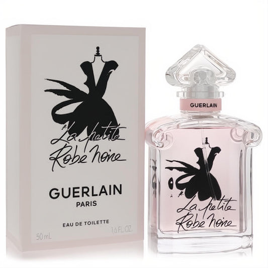 Guerlain La Petite Robe Noire 1.6 oz EDT. Elegant pink fragrance in a clear glass bottle with iconic black dress design and matching box.