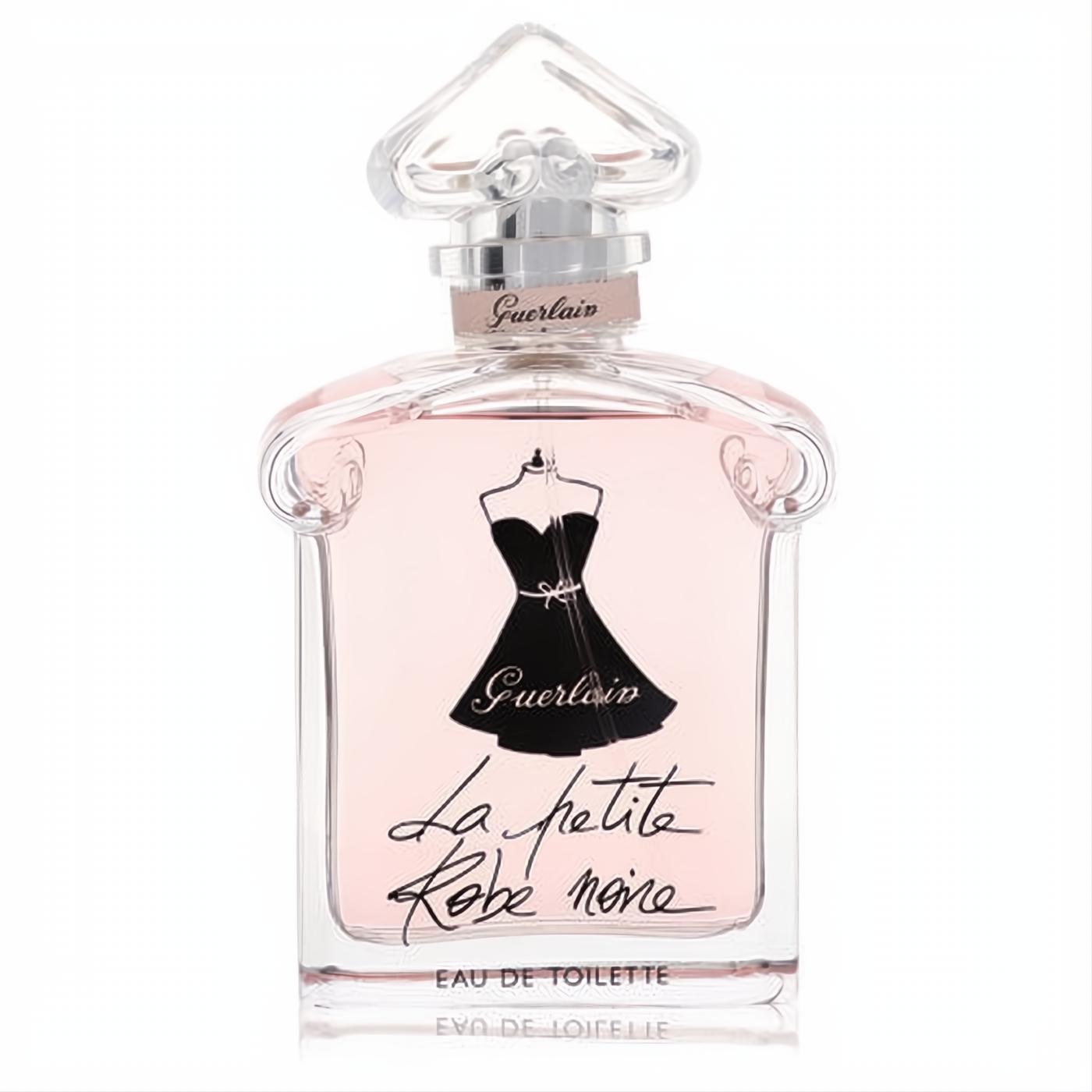 Chic Guerlain La Petite Robe Noire EDT. Clear glass bottle, soft pink fragrance, iconic black dress design, heart-shaped cap.