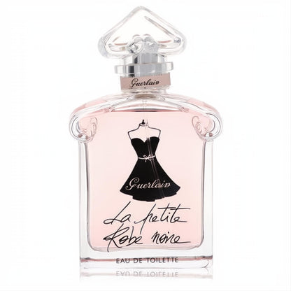 Chic Guerlain La Petite Robe Noire EDT. Clear glass bottle, soft pink fragrance, iconic black dress design, heart-shaped cap.