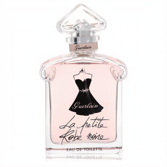 Chic Guerlain La Petite Robe Noire EDT. Clear glass bottle, soft pink fragrance, iconic black dress design, heart-shaped cap.