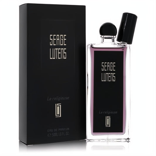 Serge Lutens La Religieuse 1.6 oz Eau De Parfum. Elegant clear bottle with light purple liquid, black label, and matching box.
