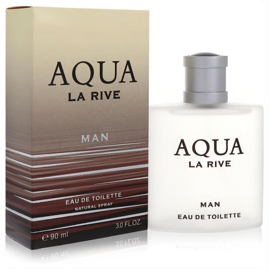 La Rive Aqua men's 3 oz Eau De Toilette in a sleek frosted bottle and elegant gold-toned box.