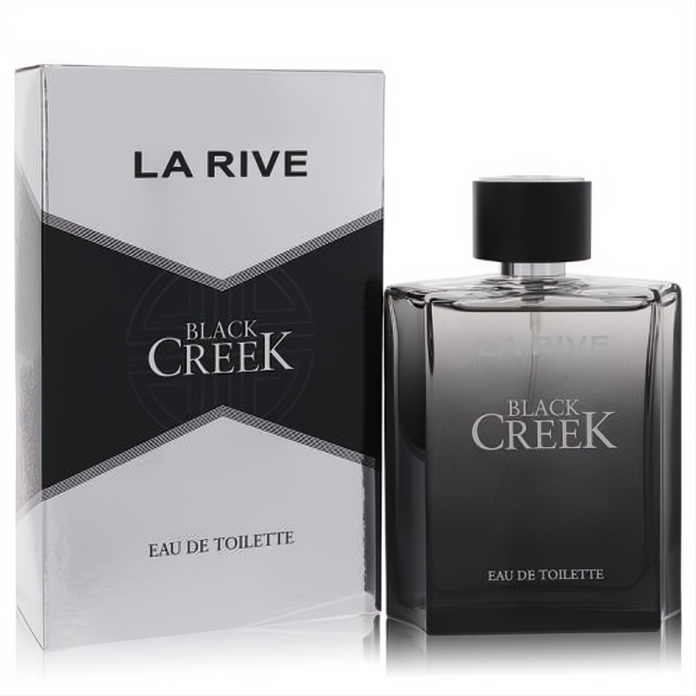 La Rive Black Creek 3.3 oz EDT for men. Bold, sleek black-to-clear glass bottle and modern black and white geometric box.