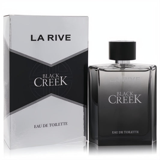 La Rive Black Creek 3.3 oz EDT for men. Bold, sleek black-to-clear glass bottle and modern black and white geometric box.