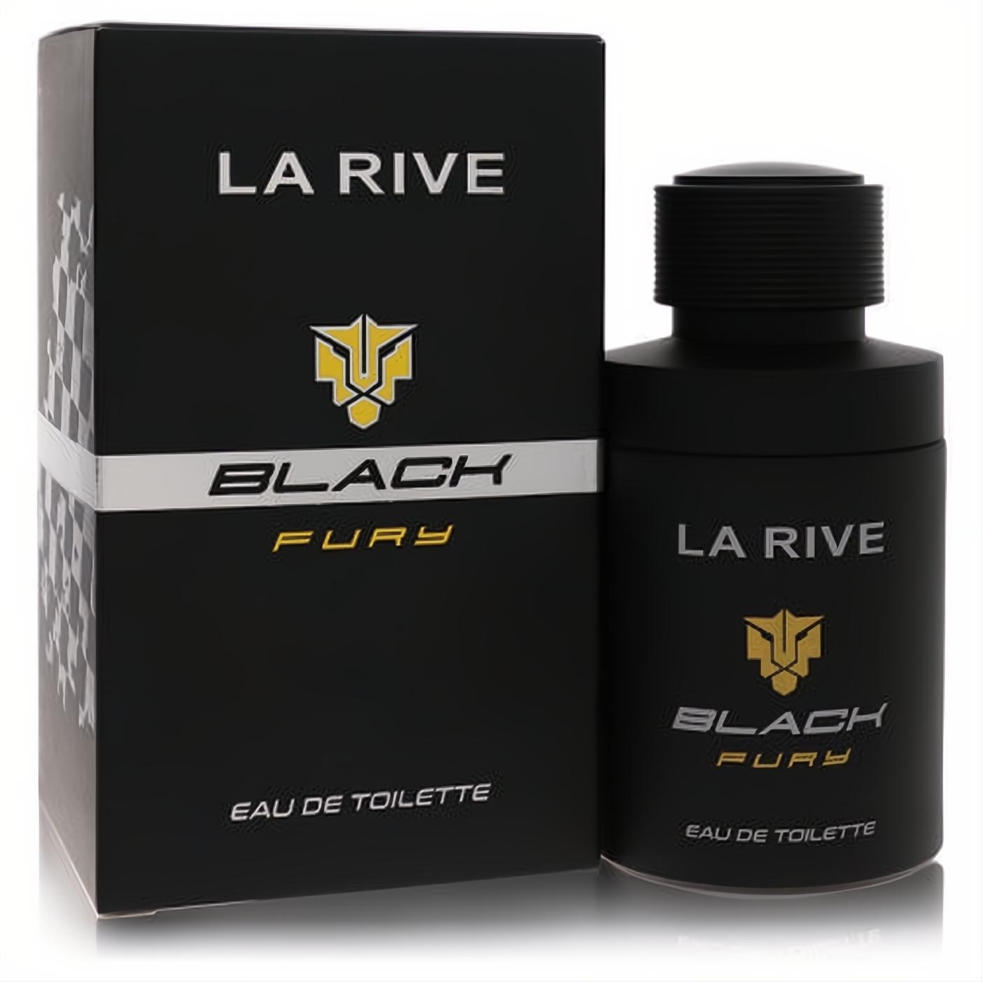 Sleek black La Rive Black Fury Eau De Toilette for men. Features a bold gold emblem on the bottle and matching box.
