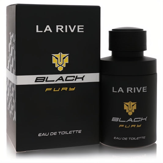 Sleek black La Rive Black Fury Eau De Toilette for men. Features a bold gold emblem on the bottle and matching box.
