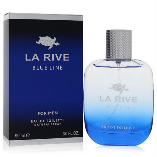 La Rive Blue Line 3.0 oz men's EDT. Vibrant blue gradient glass bottle with silver cap, next to its sleek dark blue box.