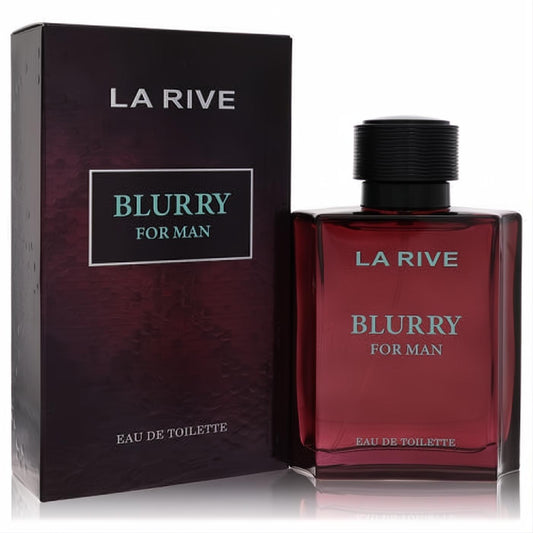 Bold La Rive Blurry men's EDT in a rich dark red glass bottle with black cap, beside its striking textured box.