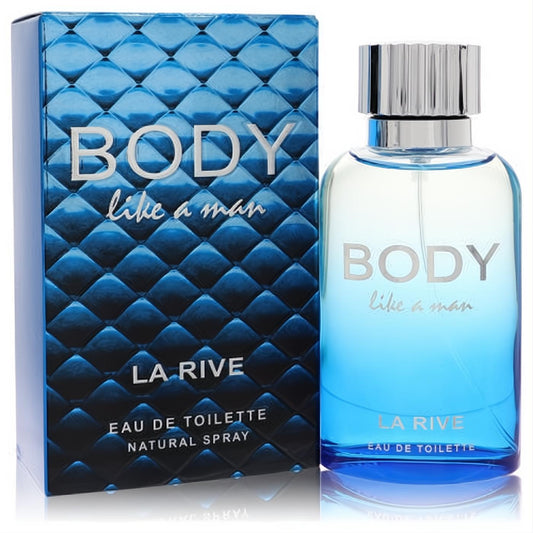 La Rive Body Like A Man EDT spray. Modern blue gradient glass bottle with a silver cap and matching quilted box.