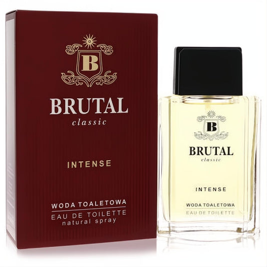 Experience La Rive Brutal Classic Intense 3.4 oz EDT. Clear glass bottle, black cap, and luxurious burgundy gold box.