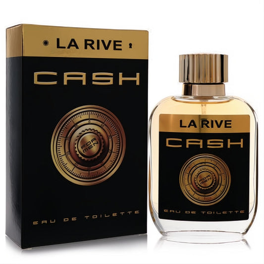 La Rive Cash men's Eau De Toilette. Sleek black and gold bottle and box with a distinctive safe dial design.