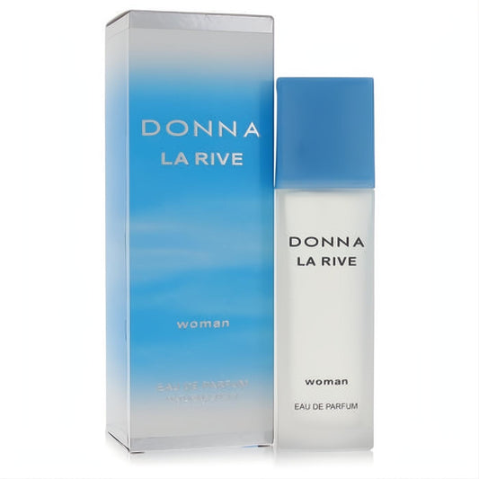 Captivating Donna La Rive women's 3 oz Eau de Parfum. Features a frosted white bottle, blue cap, and matching serene blue box.