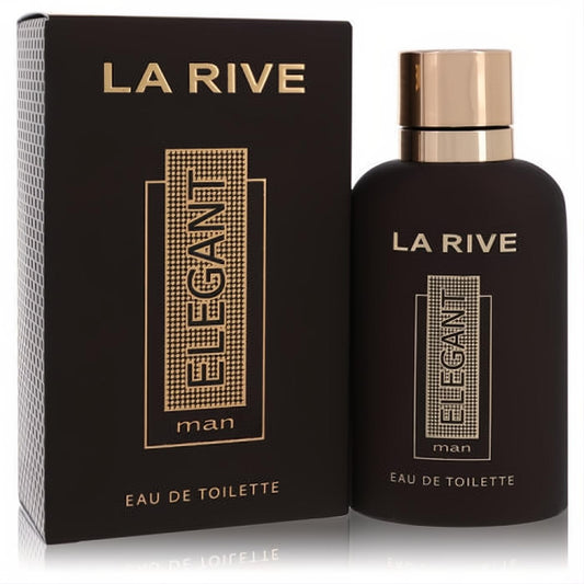 La Rive Elegant men's Eau De Toilette. Sleek dark brown bottle with luxurious gold cap and textured "ELEGANT" label.